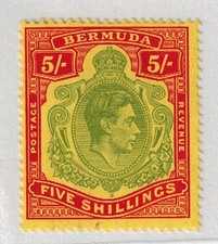 Bermuda 1939 KG VI SG 118a 5/- Pale Green & Red on Yellow P14 MVLH VF RARE picture