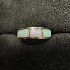Navajo CJ Kyle Sterling Silver White Fire Opal Channel Inlay Band Ring Sz 6.5 picture