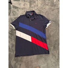 Tommy Hilfiger Sport Mens Navy Blue Diagonal Colorblock Polo Shirt Medium M picture