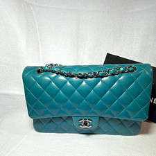 AUTHENTIC CHANEL Classic Double Flap 11.12 Lambskin Bag Teal w/Silver HW Pre-own picture