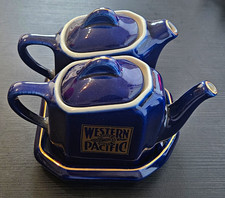Western Pacific Hall China Co. Blue Teapot w/ Lid & Tray, Private Car Ltd. picture