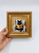 Black Cat Reading Book Vintage Armchair Custom Original Oil Painting from photo picture