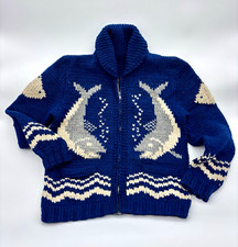 VTG 1950s Mary Maxim Angler's Pride Hand Knit Wool Cowichan Sweater Cardigan M/L picture