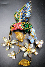 MOANS COUTURE Huge Colorful Rhinestone Hummingbird Leaves & Flowers Pin Brooch picture