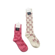 2 Pair Gucci Outlet GG Monogram Socks. 1 Knee High & 1 Crew— Pink & Gray picture