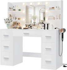 White Makeup Vanity Desk with Lighted Mirror, 6 Drawers, Open Shelves, LED Light picture