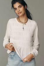 Pilcro Long-Sleeve Smocked Top Anthropologie Pullover Ruffle Blouse White New M picture