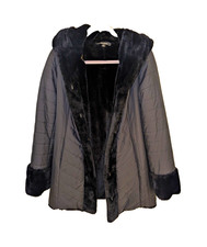 Dennis Basso Women's Quilted Black Hooded Coat Faux Fur XS picture