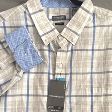 Van Heusen Never Tuck Shirt XL Grey Blue Plaid Slim Fit Button Down Academia picture