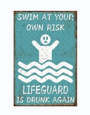 EMOHAT Warning Metal Tin Sign Swim At Your Own Risk Pool 12×8inches, multi picture