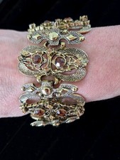 Vintage Ornate Victorian Revival Gold Tone Panel Bracelet Topaz Rhinestone 7.25