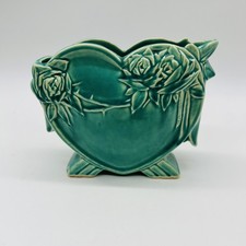 Vtg 40s Nelson McCoy Aqua Heart Vase/Planter w/Roses & Bow Pottery picture