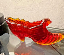 Vtg Fenton Amberina Glass Cat Head Slipper Glows Scalloped Drape Red Yellow 6