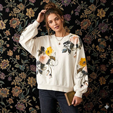 Pilcro Ivory Floral Graphic Print Leigh Viner Balloon Sleeve Niki Sweatshirt 2X picture