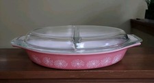 Vintage Pyrex Pink Daisy Divided Casserole Dish With Lid  1 ½ Quart picture