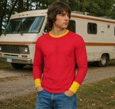 Red Long Sleeve T-Shirt With Yellow Cuffs and Collar Accents Shirt Costume picture