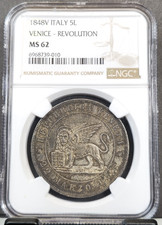 1848 ITALY SILVER 5 LIRE VENICE REVOLUTION NGC MS 62 EXTREMELY RARE MINT STATE picture