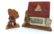 Antique German Wood Folk Art Mechanical House Coin Bank, Terrier Dog Card Holder picture