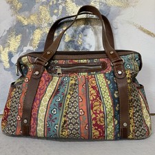 Y2K Fossil Leather Canvas Weekender Satchel Tote Travel Bag Women Patchwork LG picture