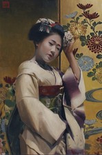 Japanese Geisha Original Signed Oil Painting On 20x30 Linen Canvas Asian Art picture