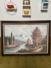 Vintage Mountain Lake Scene Landscape Oil Painting Wood Frame Signed Hamilton picture