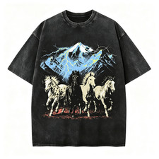Vintage Wild Horse Mountain Lightning Graphic Tee Black Washed Cotton T-Shirt picture