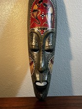 Handcrafted Bali Carved Wooden Mask Emerald Painted & Lizard Motif Vintage 19.5