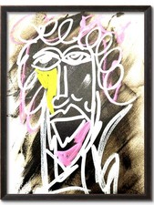 Original 14x11 Expressionist Abstract Face Dark Background Painting Signed Paper picture