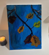 Hand painted Fall canvas 12 X 16 in Blue Atumn leave acrylic painting picture