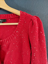 Lulus Women’s Red Sequin Knit Scoop Neck Cardigan Sweater XS Puff Sleeve picture