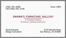 Swann's Furniture Gallery Sandi Einspahr San Marcos CA Vintage Business Card picture