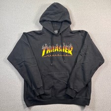 Y2K Thrasher Magazine Flame Logo Hoodie Mens M Black Pullover Skater Y2K picture
