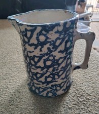 Antique Blue White Spongeware Stoneware Pitcher As Is Primitive Country Pottery picture