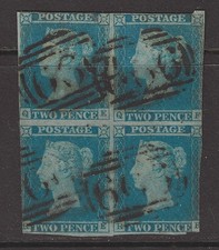 GB QV Block of 4 Sg 14 Es11 2d Blue Stamps Plate 3 CAT £1500 QF Shifted Transfer picture