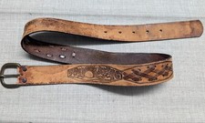 1970s vintage TOOLED buckle belt SUNRISE leather 34 brown WESTERN boho hippie picture