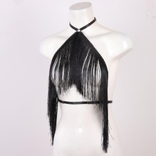 Womens Black Tassel Halter Top Adjustable Elastic Harness Casual All Season Wear picture