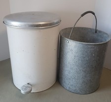 Vintage White Metal Beauty Can Waste Receptacle Trash Can Flip Top with Liner picture