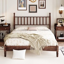 Retro Queen Wooden Bed Frame Spindle Headboard Slat Support No Box Spring Walnut picture