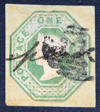 GB SG54 QV 1847 1/- Pale Green, Embossed, Square Cut, Excellent Margins, Used picture