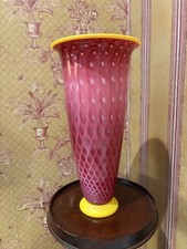 Studio Art Glass Vase Hand Blown Pink /Yellow Lattice Pattern. With Provenance picture