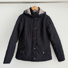 Barbour Jacket Womens 8 Black Millfire Diamond Quilted Tartan Plaid Hooded UK 12 picture