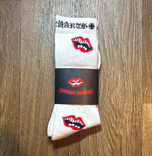 Chrome Hearts White Crew Socks Red/Black Lips Logo Graphic Print, One Size picture