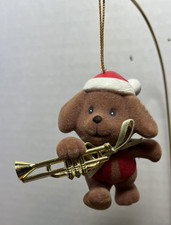 Vintage  Flocked Puppy Dog Christmas Ornament With A Trumpet picture