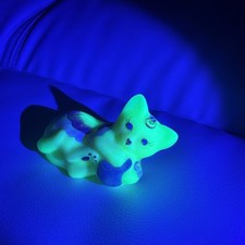 Fenton Burmese Satin Glass Cat Figurine Hand Painted Signed M Young Uranium Glow picture