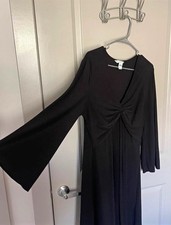 London Times Black V-Neck Ruched Bell Sleeve Fit & Flare Dress 16 Knee picture