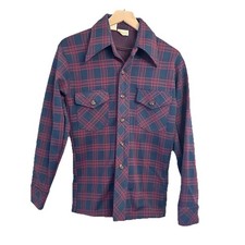 Vintage 60s 70s Sears Kings Road Shirt Mens S XS Polyester Button Down Plaid picture