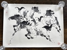 Marvin Teplitz ( 1926-2004 USA ) Japanese Style Sumi-e ink / Watercolor Horses picture