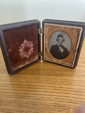 Antique Tin Type Daguerreotype Ambrotype Photo Man with Bow Tie Leather Case picture