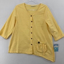 New Lulu-B Top Medium Yellow Cotton 3/4 Sleeve Asymmetric Hem Vacation Casual picture