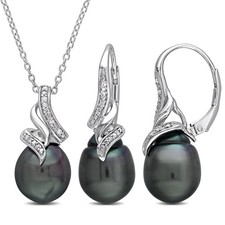 Amour Silver Black Tahitian Pearl & Diamond Drop Chic Pendant, Chain & Earrings picture